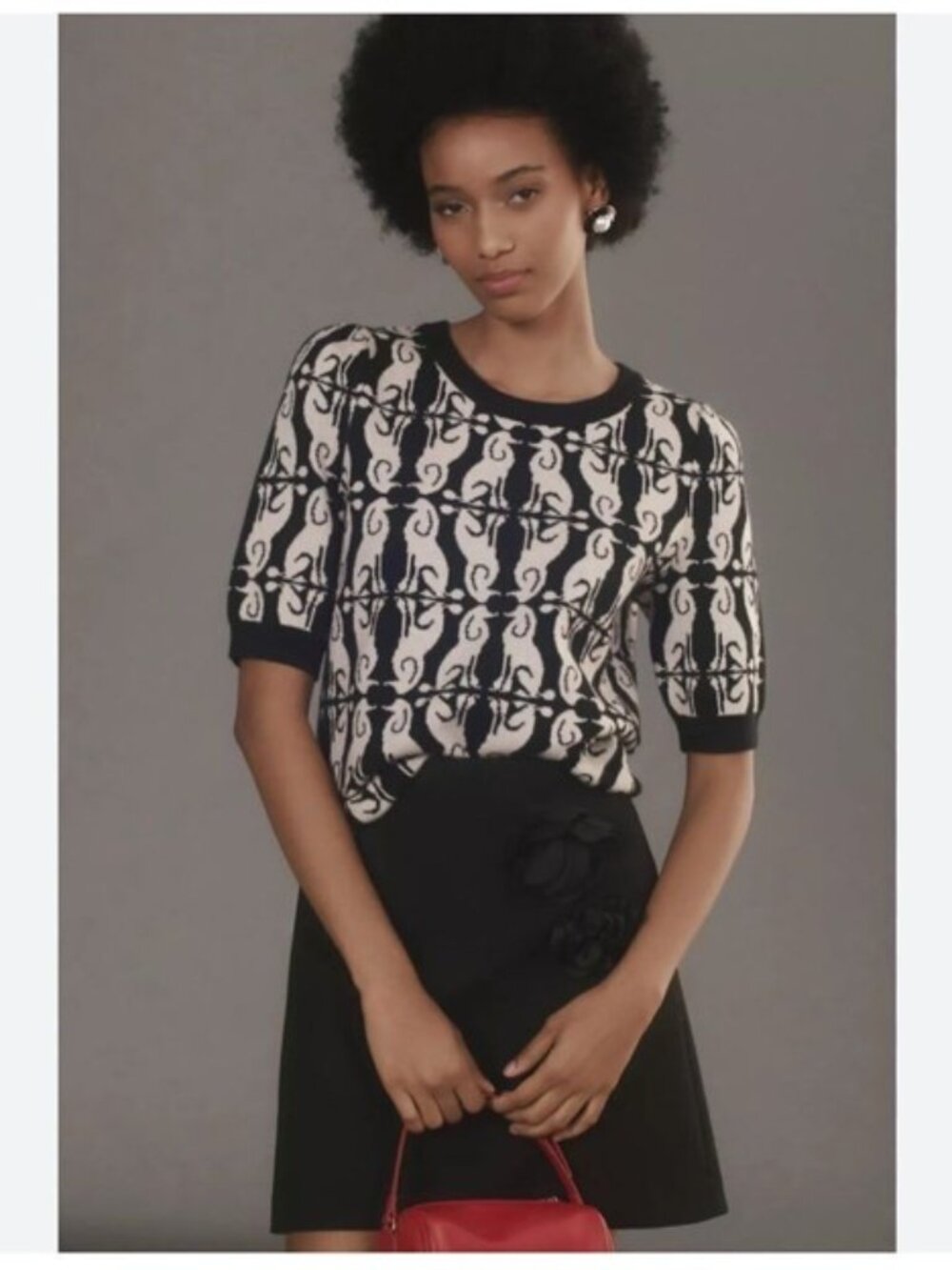 ANTHROPOLOGIE MAEVE Harmon Jacquard Sweater Tee Poodle Dog Black Beige SIze M